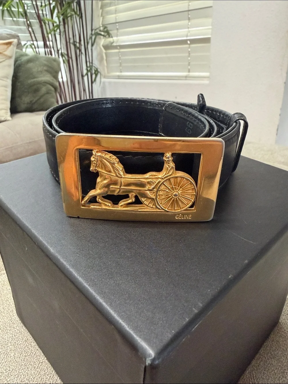 Celine Black Leather Belt with Gold Horse-and-Carriage Buckle